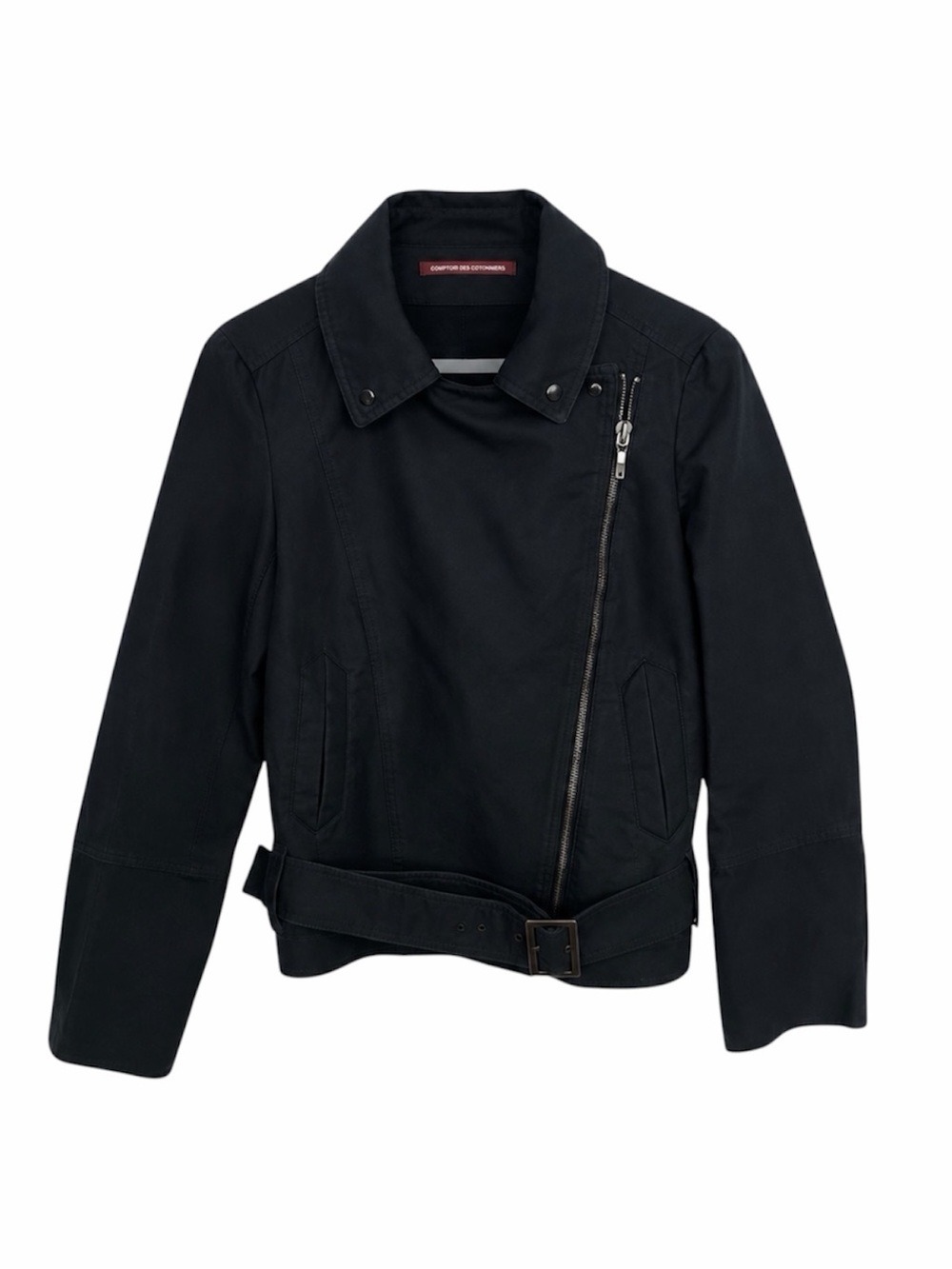Comptoir Des Cotonniers Black Cotton Biker Moto Jacket Belted FR 36 Size S